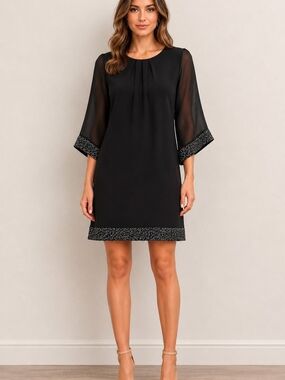 ITALY LM STUDIO WOMEN'S BLACK SHIFT DRESS SILVER GLITTER TRIM SHEER 3/4 SLEEVE M
